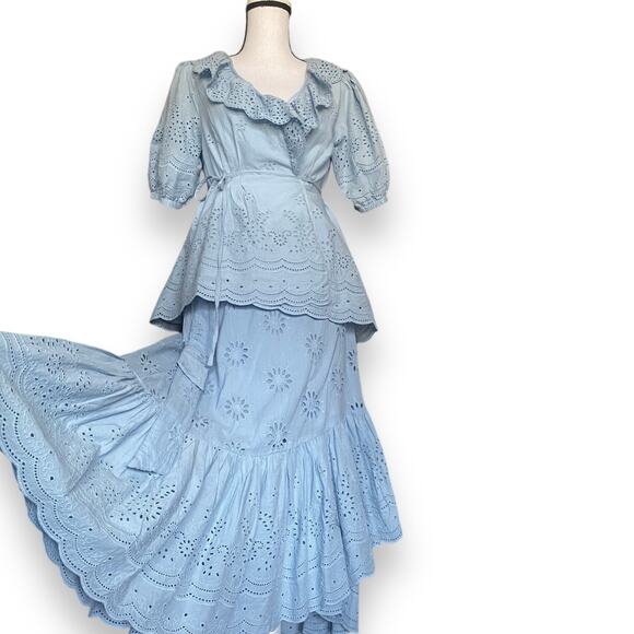 Roller Rabbit Eyelet Lace Wrap Skirt Puff Sleeve Blouse Sz S Light Blue - Picture 10 of 16
